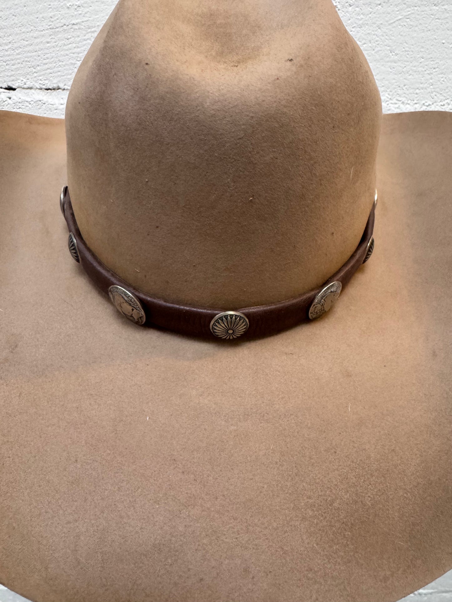 Dark Brown Leather w/ Buffalo & Flower Burst Coins Hat Band- Peyote Bird