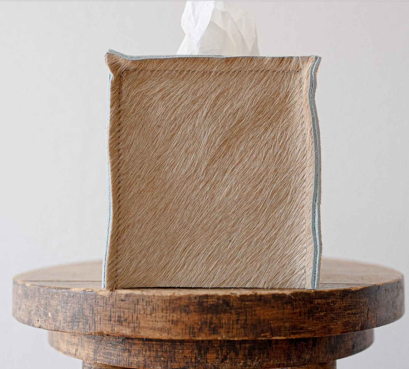 Camel and Light Cream Hair on Hide Leather Tissue Boxes